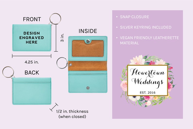 May include: A teal leatherette card holder with a silver keyring, measuring 4.25 inches wide, 3 inches high, and 0.5 inches thick when closed. The front reads "DESIGN ENGRAVED HERE". Includes a snap closure.