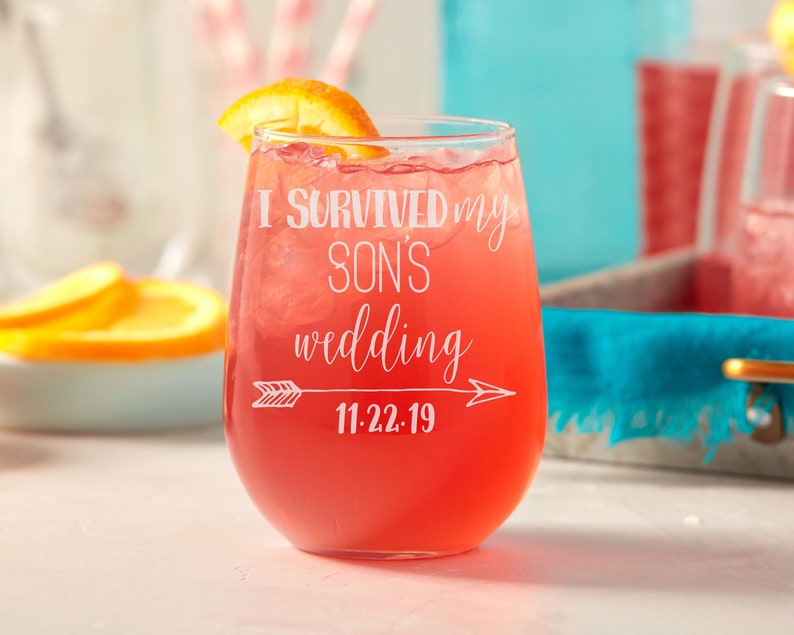 I Survived My Son's Wedding Wine Glass, Mother of the Groom Stemless Wine Glass, Mother of the Groom Gift, Custom Stemless Wine Glass image 1