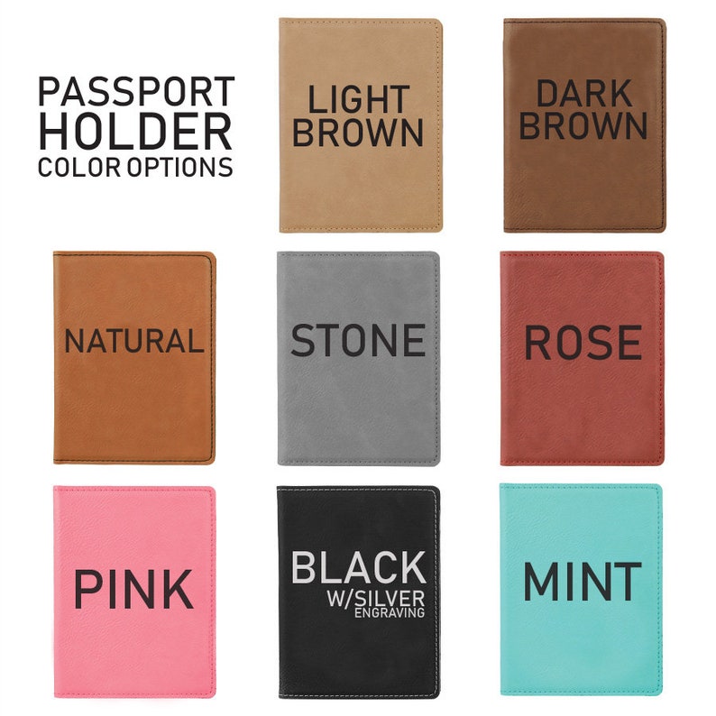 May include: Passport holder color options: light brown, dark brown, natural, stone, rose, pink, black with silver engraving, and mint.