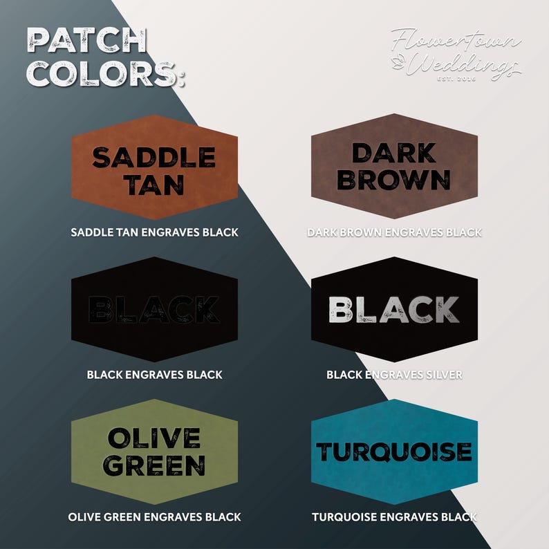 May include: A graphic showcasing patch color options. The image displays six hexagonal patches in various colors: Saddle Tan, Dark Brown, Black, Olive Green, and Turquoise. Each patch has text indicating the color and engraving color.