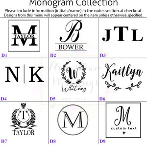 May include: A grid of nine different monogram designs. Each design features a different letter or initials, with some designs including a name or text. The designs are numbered D1 through D9.