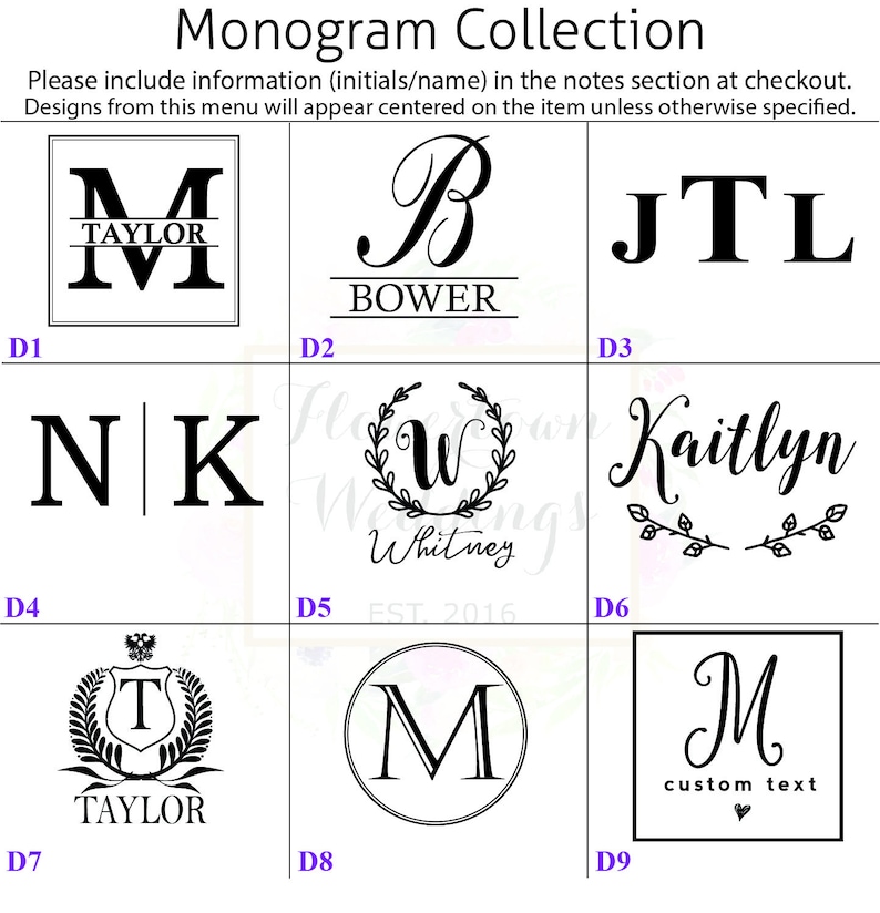 May include: A grid of nine different monogram designs. Each design features a different letter or initials, with some designs including a name or text. The designs are numbered D1 through D9.
