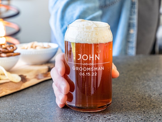 Personalized Beer Can Glasses - Groomsmen Wedding Party - Custom Engraved and Monogrammed