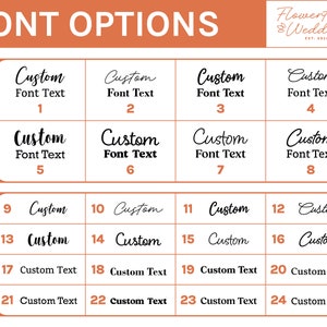 May include: A chart displaying 24 different font options for wedding invitations. The chart is divided into two sections: "Combo Fonts" and "Single Fonts". Each font option is numbered and includes a sample of the font text.