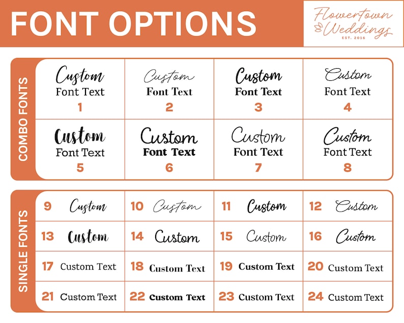 May include: A chart displaying 24 different font options for wedding invitations. The chart is divided into two sections: "Combo Fonts" and "Single Fonts". Each font option is numbered and includes a sample of the font text.