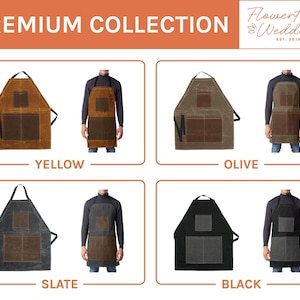 May include: Four different colored canvas aprons with a large pocket and a smaller pocket on the front. The aprons are shown in yellow, olive, slate, and black.