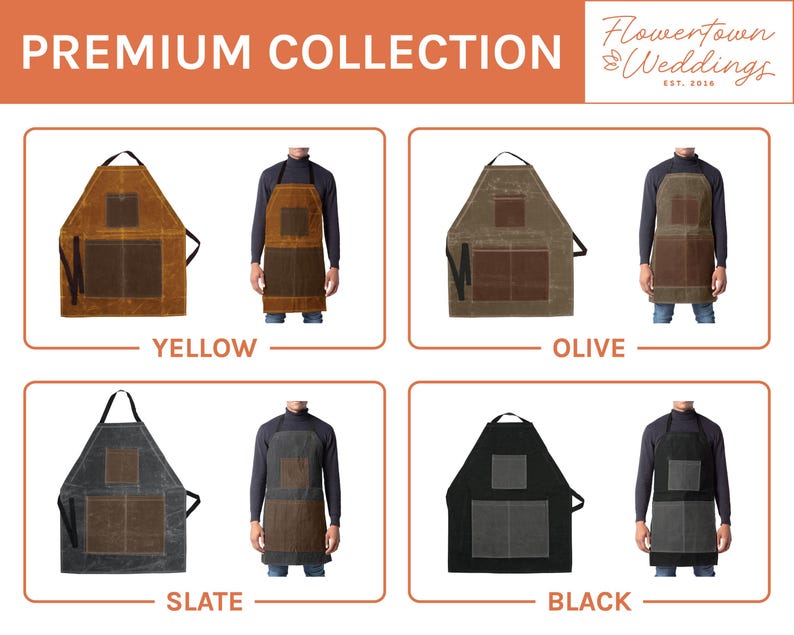 May include: Four different colored canvas aprons with a large pocket and a smaller pocket on the front. The aprons are shown in yellow, olive, slate, and black.