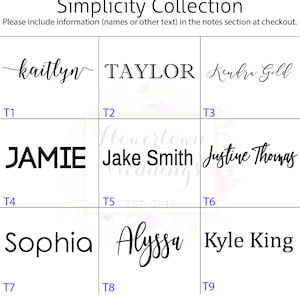 May include: Nine white squares with black text on each. The text includes names such as Kaitlyn, Taylor, Kendra Gold, Jamie, Jake Smith, Justine Thomas, Sophia, Alyssa, and Kyle King. The text is in a variety of fonts and styles. The squares are labelled with numbers T1 through T9.