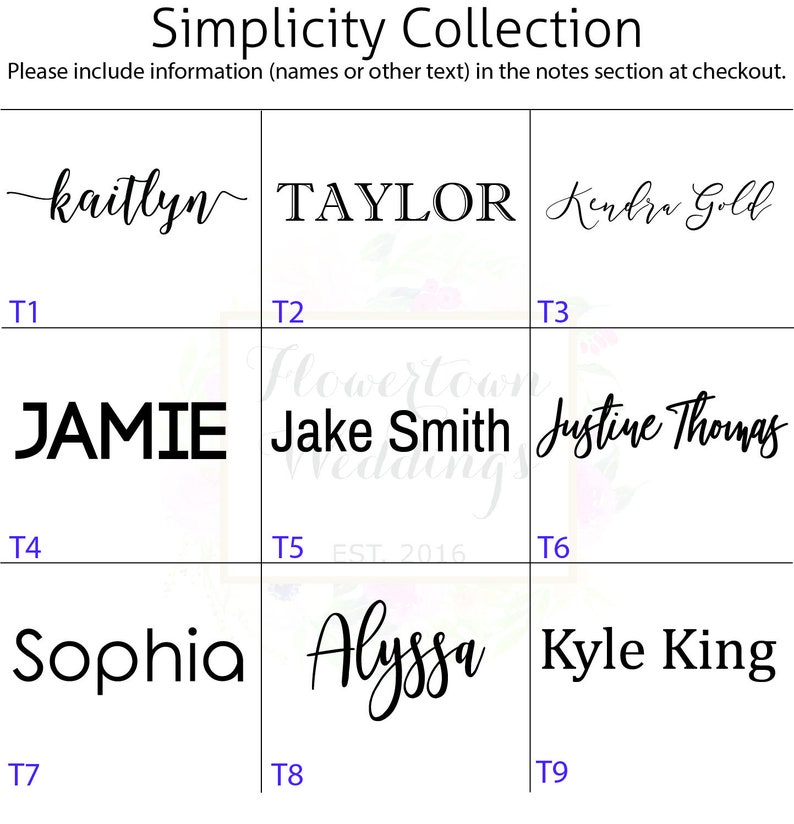 May include: Nine white squares with black text on each. The text includes names such as Kaitlyn, Taylor, Kendra Gold, Jamie, Jake Smith, Justine Thomas, Sophia, Alyssa, and Kyle King. The text is in a variety of fonts and styles. The squares are labelled with numbers T1 through T9.