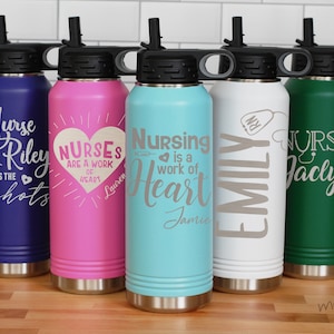Personalized Nurse Water Bottle, RN Gift, Custom Tumbler with Straw, Nurses are a Work of Heart, Gift for Doctor, Custom Water Bottle