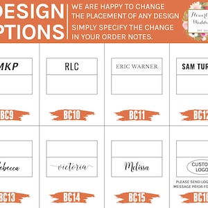 May include: A chart with 16 different design options for wedding invitations. Each option has a name and a code. The options include names like "MKP", "RLC", "Eric Warner", "Sam Turner", "Rebecca", "victoria", "Melissa", and "Custom Logo".