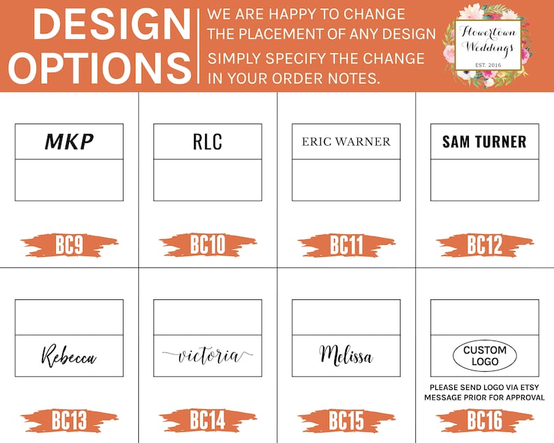 May include: A chart with 16 different design options for wedding invitations. Each option has a name and a code. The options include names like "MKP", "RLC", "Eric Warner", "Sam Turner", "Rebecca", "victoria", "Melissa", and "Custom Logo".