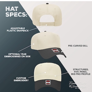 May include: Cream-colored and charcoal gray baseball cap with an adjustable plastic snapback. Features a pre-curved bill and a structured, five-panel, mid-pro profile. Includes optional year embroidery on the side and custom embroidery.