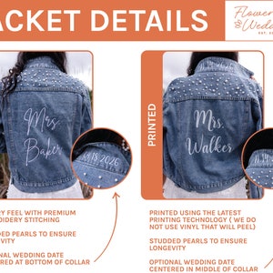 May include: Two denim jackets with pearl embellishments. One jacket has the text "Mrs. Baker" embroidered on the back and the date "04.18.2026" on the collar. The other jacket has the text "Mrs. Walker" printed on the back and the date "11.14.2026" on the collar.