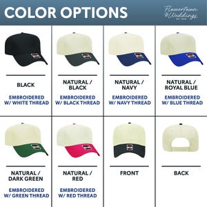 May include: A grid of baseball caps in various color combinations, including black, natural/black, natural/navy, and natural/royal blue. Each cap has embroidered details and is labeled with its color scheme. The text "COLOR OPTIONS" is at the top.