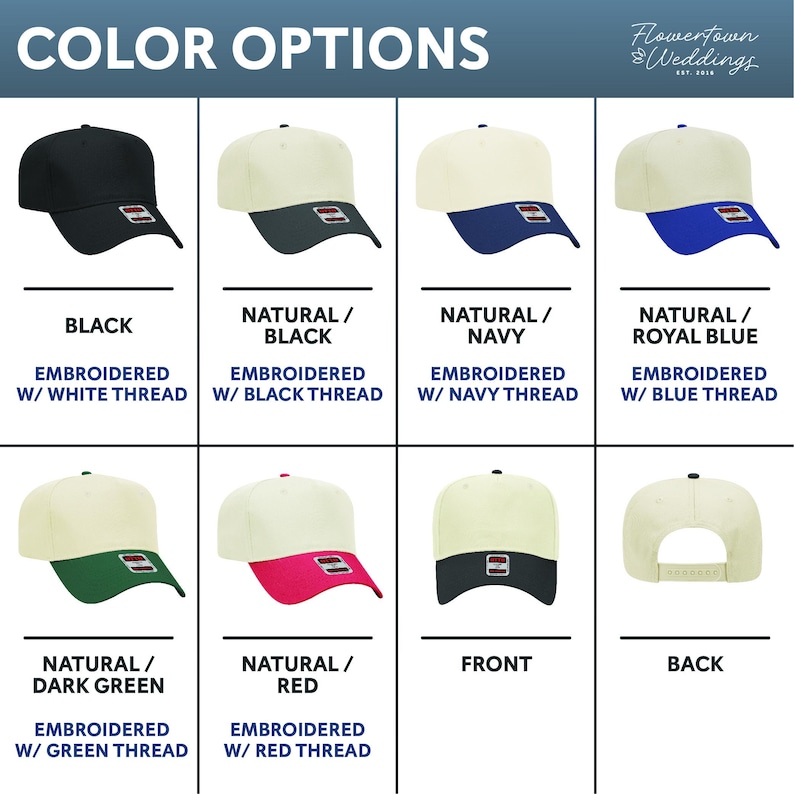 May include: A grid of baseball caps in various color combinations, including black, natural/black, natural/navy, and natural/royal blue. Each cap has embroidered details and is labeled with its color scheme. The text "COLOR OPTIONS" is at the top.