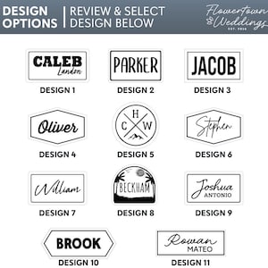 May include: A selection of eleven design options for personalized items, each featuring a name or initials in a variety of fonts and layouts. The designs are presented in black and white, with names like Caleb, Parker, and Jacob.