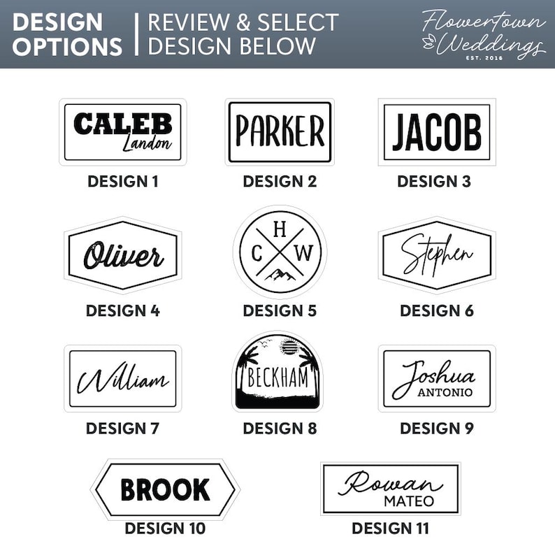 May include: A selection of eleven design options for personalized items, each featuring a name or initials in a variety of fonts and layouts. The designs are presented in black and white, with names like Caleb, Parker, and Jacob.