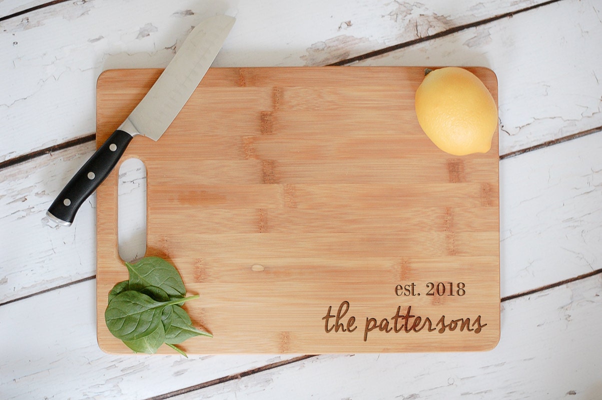 Custom Personalized Laser Engraved Bamboo Wood Cutting Board Wedding Names Date