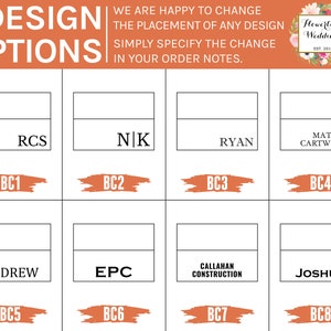 May include: A chart with eight different design options for wedding invitations. Each option has a name and a corresponding block number. The names include RCS, N|K, Ryan, Matthew Cartwright, Andrew, EPC, Callahan Construction, and Joshua.