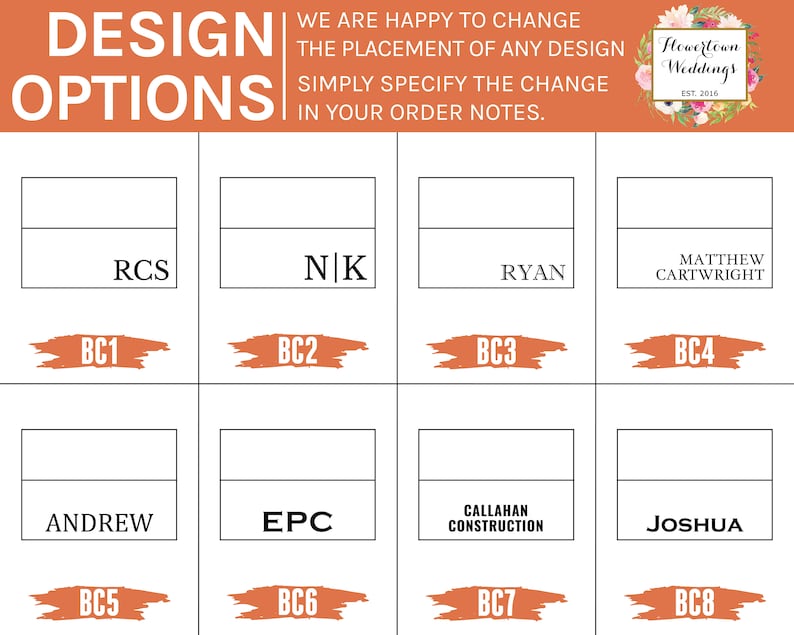 May include: A chart with eight different design options for wedding invitations. Each option has a name and a corresponding block number. The names include RCS, N|K, Ryan, Matthew Cartwright, Andrew, EPC, Callahan Construction, and Joshua.