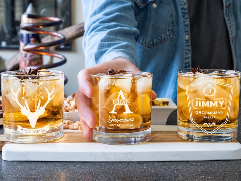 Personalized Whiskey Glasses For Groomsmen, Etched Groomsman Whiskey Glass, Best Man Bourbon Glass, High Ball Glass, Laser Etched Whiskey image 9