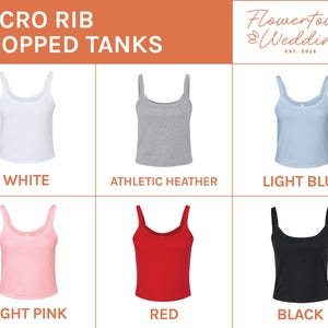 May include: A grid of six micro rib cropped tank tops in various colors: white, athletic heather, light blue, light pink, red, and black. The text "MICRO RIB CROPPED TANKS" is at the top, with the logo for Flowertown Weddings.