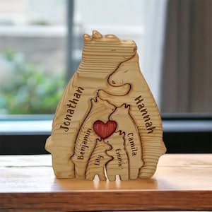 Personalized Family Name Bear Puzzle, Valentine Gift, Gifts for Mom, Engraved Wooden Bear Set, Gift for Parents, Nursery Decor, Gift For Her