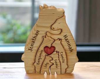 Personalized Family Name Bear Puzzle, Mother's Day Gift, Gifts for Mom, Engraved Wooden Bear Set, Gift for Parents, Custom Anniversary Gift