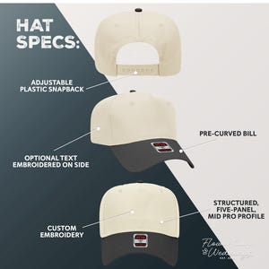 May include: Cream-colored five-panel hat with a pre-curved bill and dark gray brim. Features include an adjustable plastic snapback, optional side embroidery, and custom embroidery. The hat has a structured, mid-pro profile.