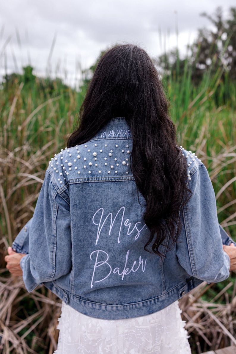 Bride Denim Jacket, Embroidered Mrs. Wedding Jacket, Bachelorette Party Jacket, Bridal Shower Gift, Personalized Bridal Pearl Jacket