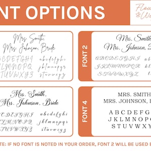 May include: An orange background displays font options for wedding stationery. Four font styles are shown, each with an example name and alphabet. The text "PLEASE NOTE: IF NO FONT IS NOTED IN YOUR ORDER, FONT 2 WILL BE USED BY DEFAULT" is at the bottom.