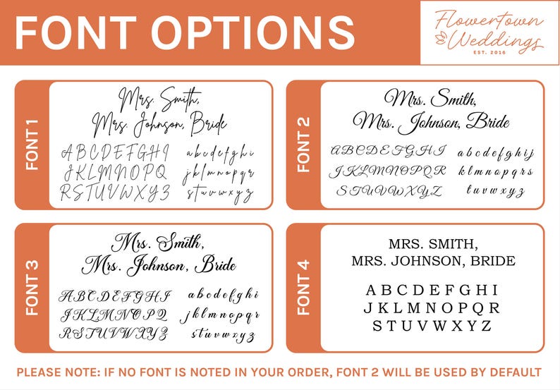 May include: An orange background displays font options for wedding stationery. Four font styles are shown, each with an example name and alphabet. The text "PLEASE NOTE: IF NO FONT IS NOTED IN YOUR ORDER, FONT 2 WILL BE USED BY DEFAULT" is at the bottom.