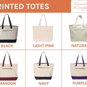 Op de afbeelding: Bedrukte tote tassen in zes kleuren: zwart, lichtroze, naturel, bordeaux, marineblauw en paars. Elke tas heeft een ritsvak en een contrasterende onderkant. De tekst "PRINTED TOTES" staat bovenaan.
