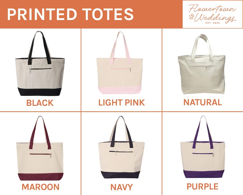 Op de afbeelding: Bedrukte tote tassen in zes kleuren: zwart, lichtroze, naturel, bordeaux, marineblauw en paars. Elke tas heeft een ritsvak en een contrasterende onderkant. De tekst "PRINTED TOTES" staat bovenaan.