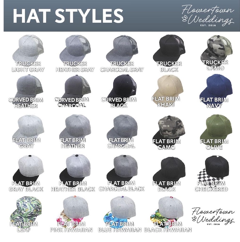 May include: A variety of hat styles are displayed, including trucker and flat brim designs, in colors like black, gray, and camo. The image includes text that reads "HAT STYLES" and the name of the business.