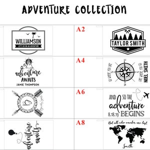 May include: A collection of eight black and white designs for adventure themed wall art. The designs feature text, illustrations, and a compass. The text includes phrases like "Let's go on an adventure", "Adventure awaits", and "And so the adventure begins".
