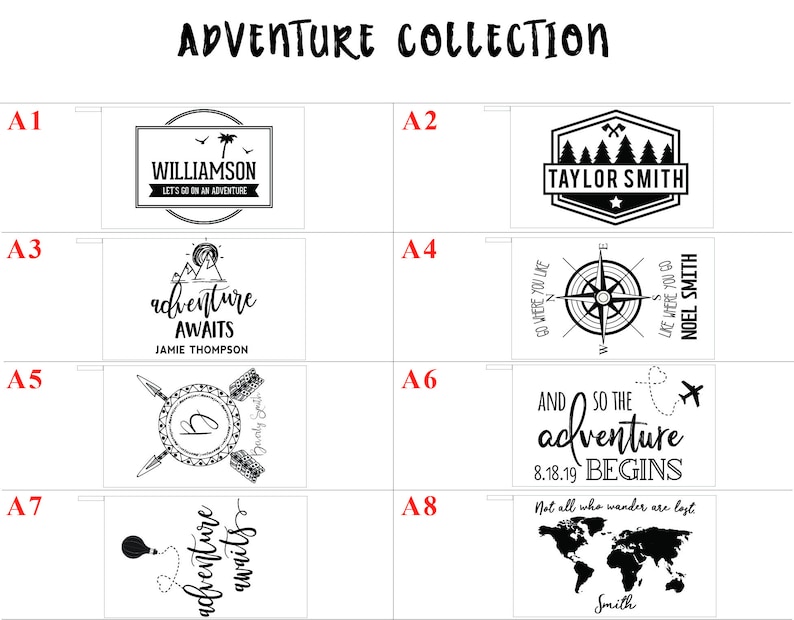 May include: A collection of eight black and white designs for adventure themed wall art. The designs feature text, illustrations, and a compass. The text includes phrases like "Let's go on an adventure", "Adventure awaits", and "And so the adventure begins".
