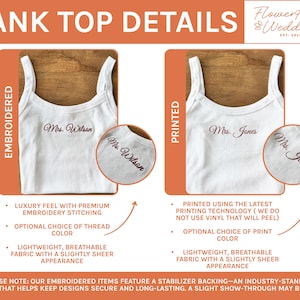 May include: White tank tops with the text "Mrs. Wilson" and "Mrs. Jones" in burgundy script. The image highlights embroidered and printed options, showcasing details like fabric and printing technology. The text "TANK TOP DETAILS" is at the top.