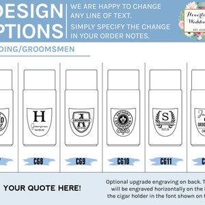 May include: Six different designs for personalized cigar holders. Each design features a different name, date, and graphic. The designs are labeled with the numbers CG7 through CG12. The text "Optional upgrade engraving on back. The text will be engraved horizontally on the back of the cigar holder in the font shown on the left." is at the bottom of the image.