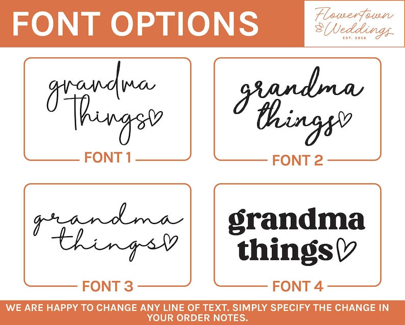Op de afbeelding: De afbeelding toont vier lettertype-opties voor de zin "grandma things" met een hartsymbool. De tekst is zwart op een witte achtergrond, omlijnd door bruine rechthoeken. De bovenkant van de afbeelding zegt "FONT OPTIONS".