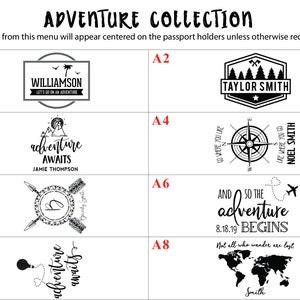 May include: A collection of eight passport holder designs with different adventure-themed graphics. The designs include a compass, a world map, a hot air balloon, a plane, a mountain range, and a compass. The text on the designs includes "Let's go on an adventure", "Adventure awaits", "And so the adventure begins", "Not all who wander are lost", "Go where you like", "Like where you go", "Williamson", "Taylor Smith", "Jamie Thompson", "Noel Smith", and "Smith".