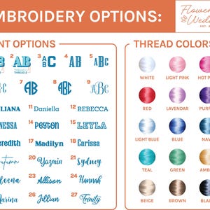 May include: A chart showing embroidery font and thread color options. The font options include various styles of the letters A, B, and C. The thread color options include white, light pink, hot pink, red, lavender, purple, light blue, blue, navy, teal, green, amber, beige, brown, and black.