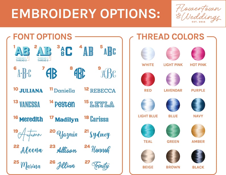May include: A chart showing embroidery font and thread color options. The font options include various styles of the letters A, B, and C. The thread color options include white, light pink, hot pink, red, lavender, purple, light blue, blue, navy, teal, green, amber, beige, brown, and black.