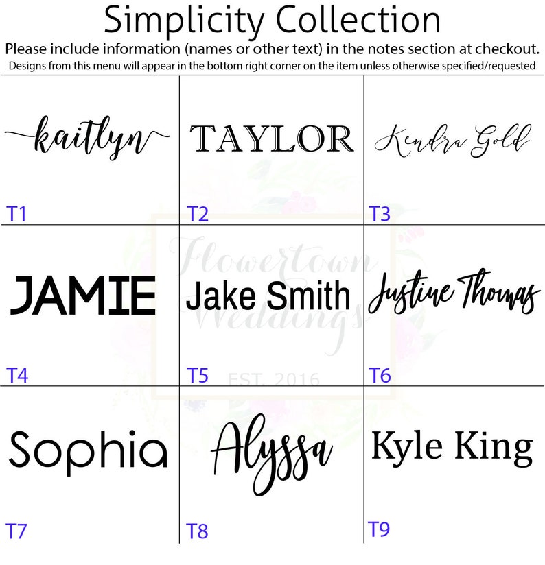 May include: A grid of nine squares with black text on a white background. Each square contains a name, such as "Kaitlyn", "Taylor", "Jamie", "Jake Smith", "Justine Thomas", "Sophia", "Alyssa", and "Kyle King". The text in each square is in a different font style. The squares are labeled with numbers from T1 to T9.