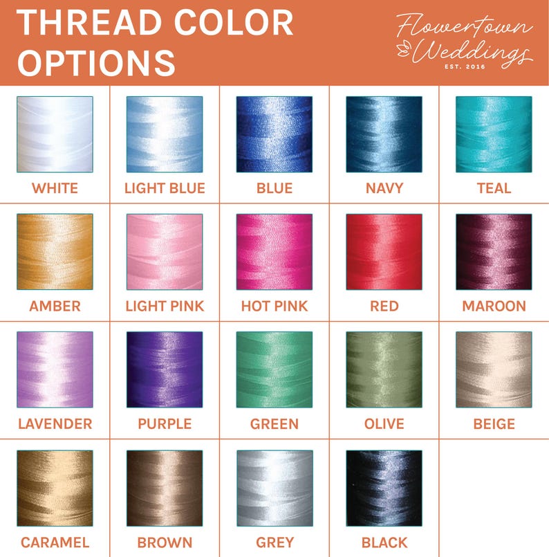 May include: A thread colour chart with options for embroidery. The chart shows a range of colours including white, light blue, blue, navy, teal, amber, light pink, hot pink, red, maroon, lavender, purple, green, olive, beige, caramel, brown, grey, and black.