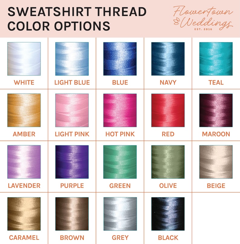 May include: Image showing a color chart of sweatshirt thread options. The chart displays 20 different thread colors, including white, light blue, blue, navy, teal, amber, light pink, hot pink, red, maroon, lavender, purple, green, olive, beige, caramel, brown, grey, and black.