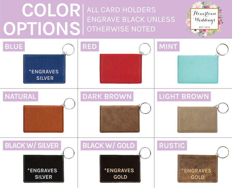 May include: A selection of card holders in various colors, including blue, red, mint, natural, dark brown, light brown, black with silver, black with gold, and rustic. Each holder has a keyring and text that says "*ENGRAVES SILVER" or "*ENGRAVES GOLD".