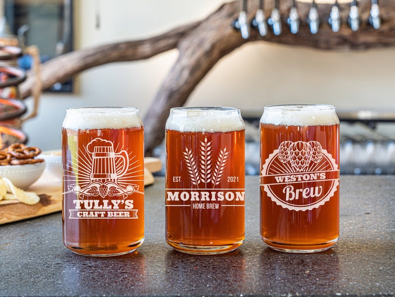 Personalized Beer Can Glass, Gift for Husband, Home Brew Gift, Home Bar Gift Idea, Engraved Beer Glass, Custom Beer Glass, Gift for Dad image 1