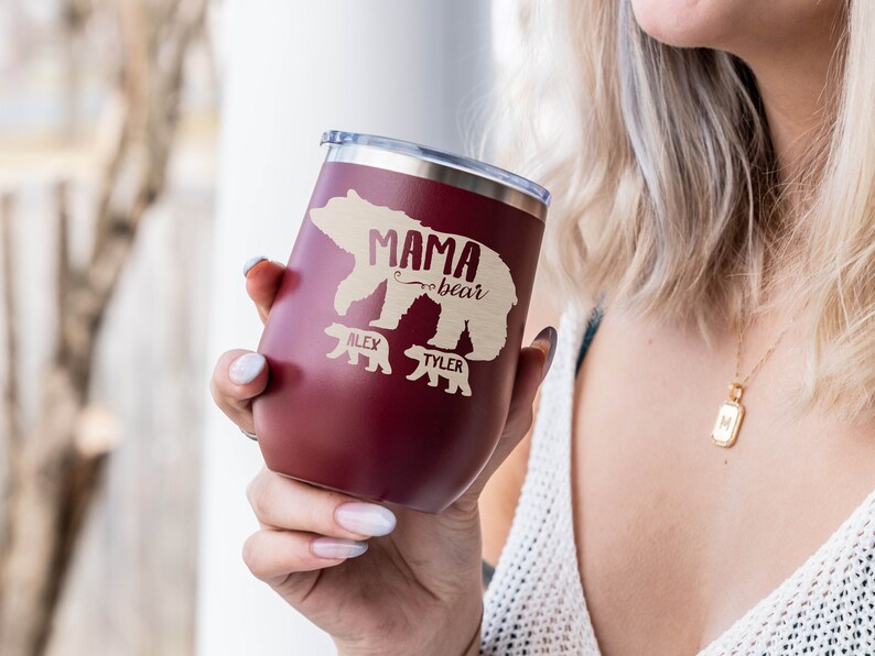 Mother's Day Stemless Wine Tumbler, Personalized Mama Bear with Cubs, Gift for Mom, Mothers Day Gift, Wine Lover image 1